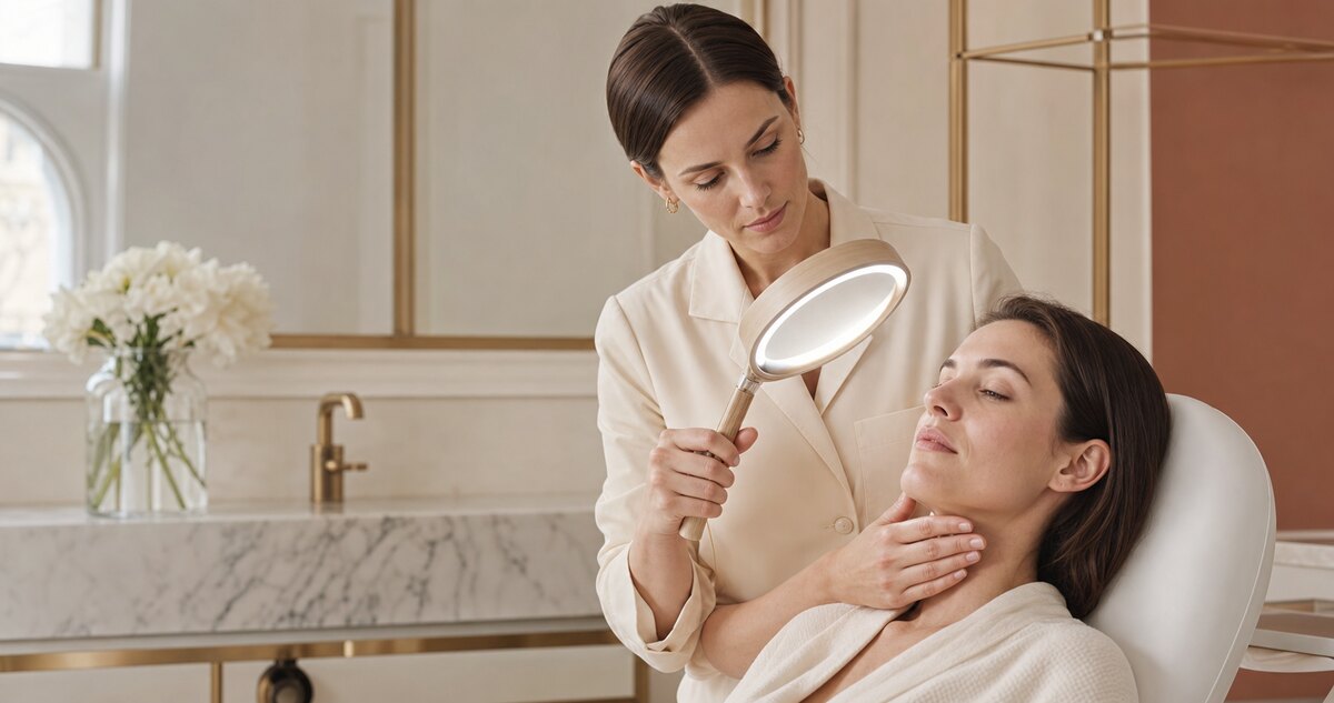 Kosmetolog podczas konsultacji i analizy skóry w Esthetica Clinic Łódź